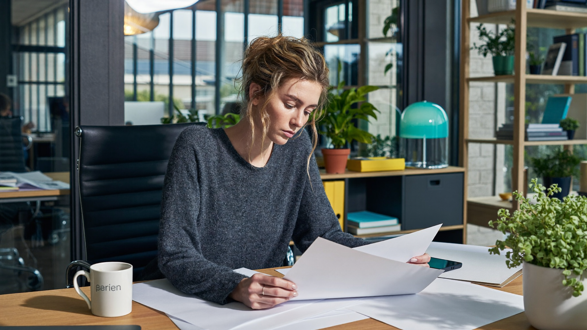 Lena arbeitet zwischen Dokumenten, Telefon und mehreren digitalen Arbeitswegen